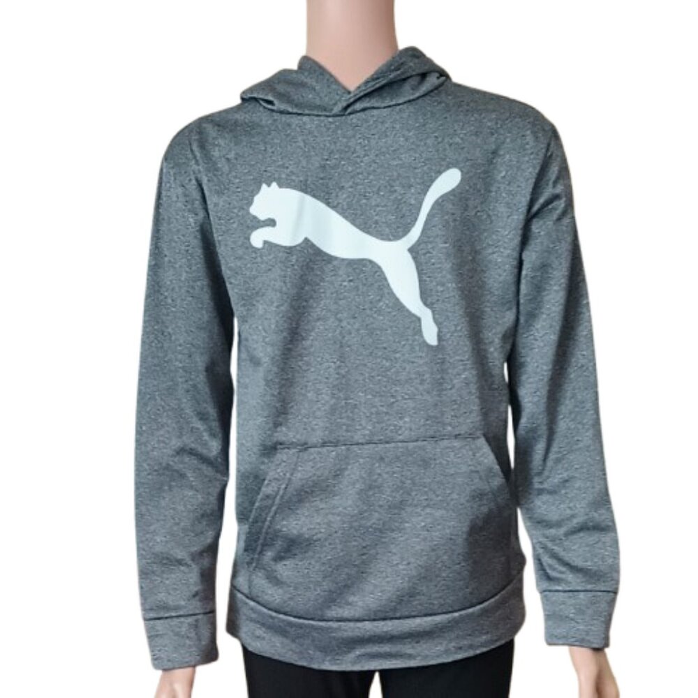 Puma Big Cat Logo Hoodie 14/16 Boy's Gray Pullover Kangaroo Pocket